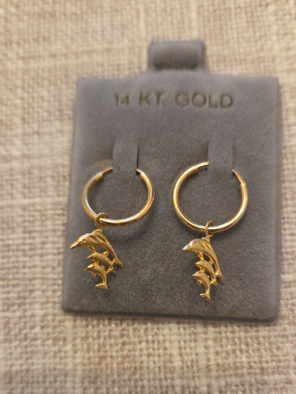 14 KT Gold Dolphin Hoop Drop Earrings